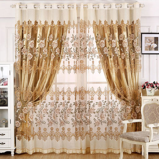 European Style Peony and Damask Shading Cloth and Sheer Curtains Sets Decoration and Blackout Curtains Drapes No Pillin (144W*96"L