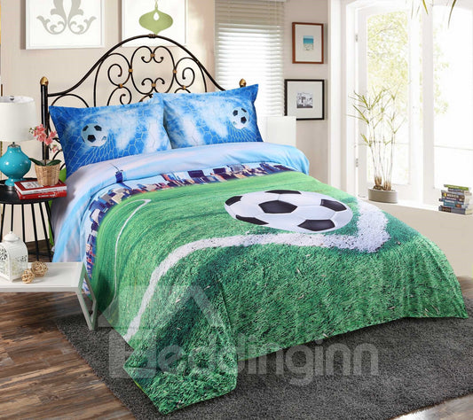 Soccer Field and City Scenery Printed 3D 4-Piece Bedding Sets/Duvet Covers 2 Pillowcases 1 Flat Sheet 1 Duvet Cover Gree (King)