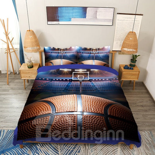 Shooting a Basketball in Empty Basketball Court Printed 3D 4-Piece Bedding Set/Duvet Cover Set Microfiber (King)