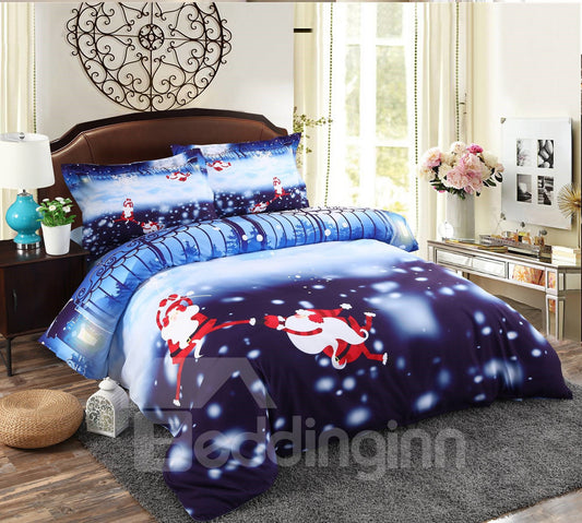 Monkey Santa and Snowflake Printed 4-Piece 3D Bedding Sets/Duvet Covers Microfiber Blue (Twin)