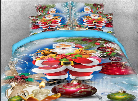 3D Christmas Bedding Santa Claus and Gifts Print 4-Piece Bedding Set Duvet Cover Set Microfiber (King)