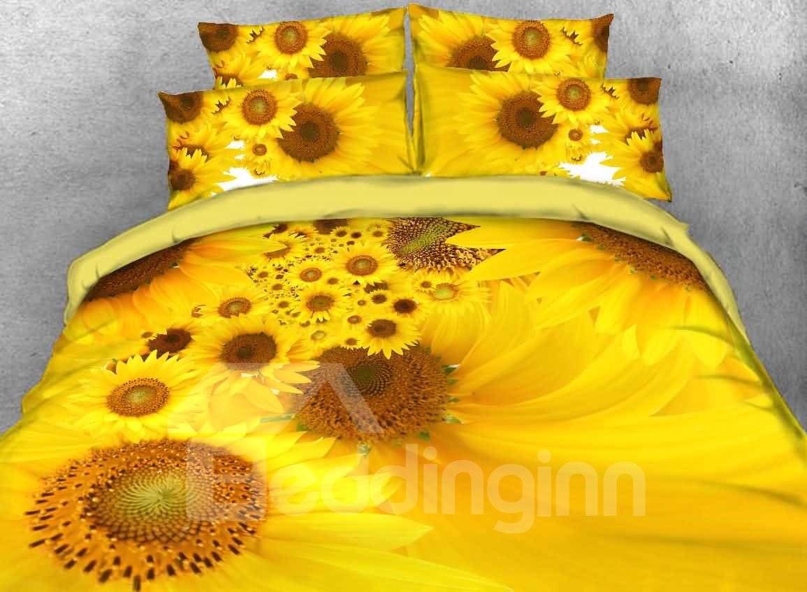 Yellow Sunflower Printed 3D 4-Piece Floral Bedding Set/Duvet Cover Set (Queen)