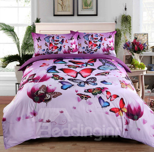 Colorful Butterflies and Purple Flower Printed 3D 4-Piece Bedding Sets/Duvet Covers Skin-friendly All-Season Ultra-soft (King)