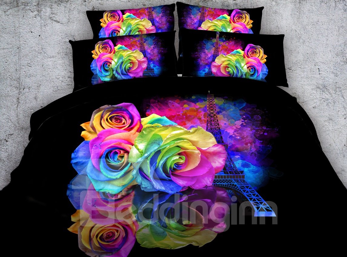 Eiffel Tower and Roses Printed Polyester 3D 4-Piece Black Bedding Sets/Duvet Covers (Full)