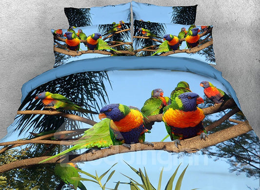 Rainbow Parrots on Branch 4-Piece 3D Duvet Cover Set Natural Scenery Bedding Set (Queen)
