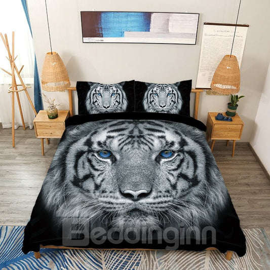 Classic Tiger with Blue Eyes 4-Piece 3D Animal Print Bedding Set Durable No-fading Zipper Duvet Covers Black (King)