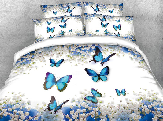 Blue Butterflies and Flowers Print 3D 4-Piece Duvet Cover Set/Bedding Set White (Full)