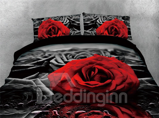 Red Rose and Water Black Printing Polyester 4-Piece 3D Bedding Sets/Duvet Covers (Queen)