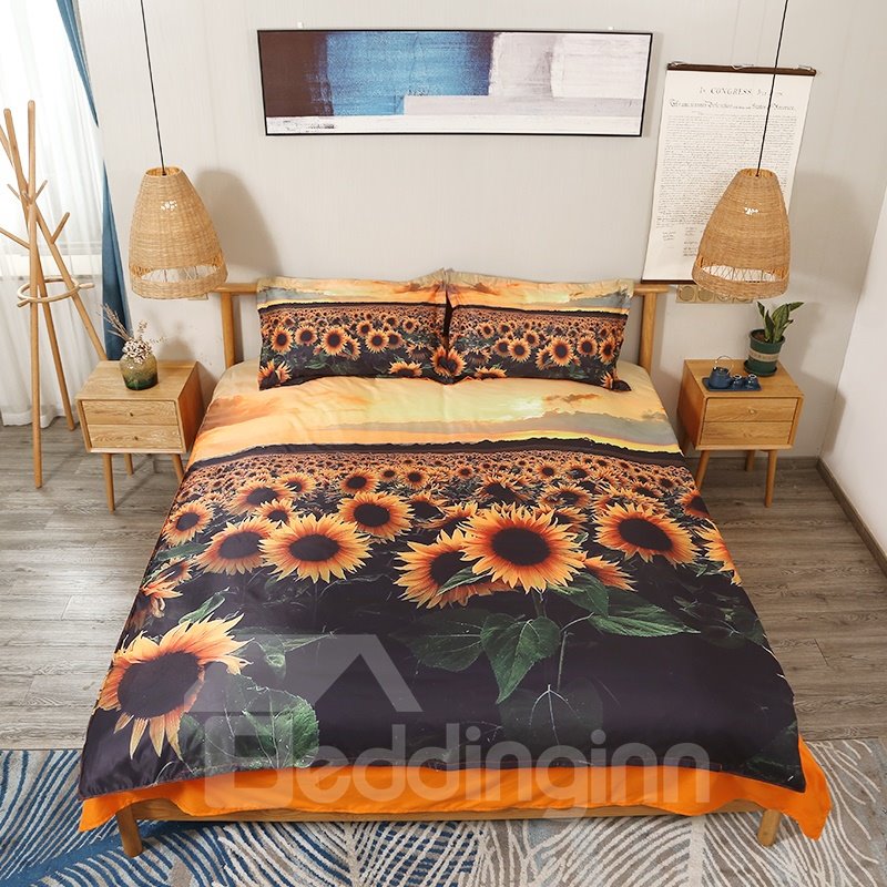 Sunflower and Sunset 3D Floral Bedding Set 4Pcs Duvet Cover with Zipper Closure Yellow (King)