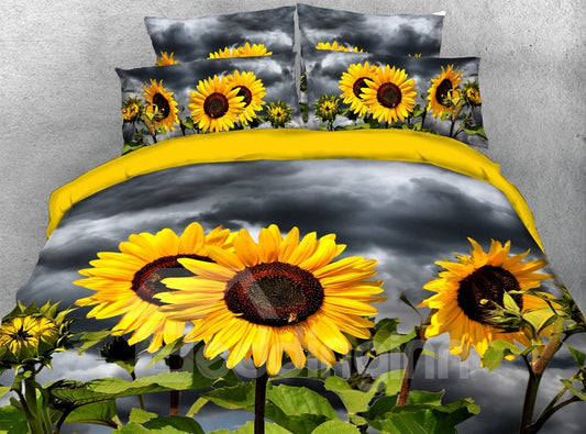 Elegant Yellow Sunflowers 3D Printed 4-Piece Floral Bedding Set/Duvet Cover Set Microfiber (Full)