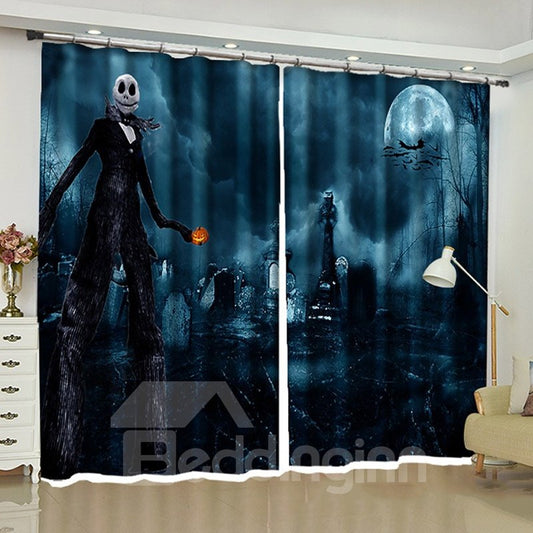 Halloween Decoration Cold Foggy Night Dramatic Full Moon and Ghost Printed Curtain (104W*63"L)