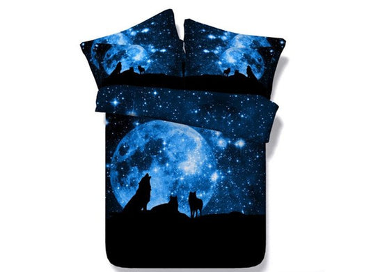 Wolf and Galaxy Printed 4-Piece 3D Blue Bedding Set Duvet Covers with Zipper Closure and Corner Ties 1 Duvet Cover 1 Fla (King)
