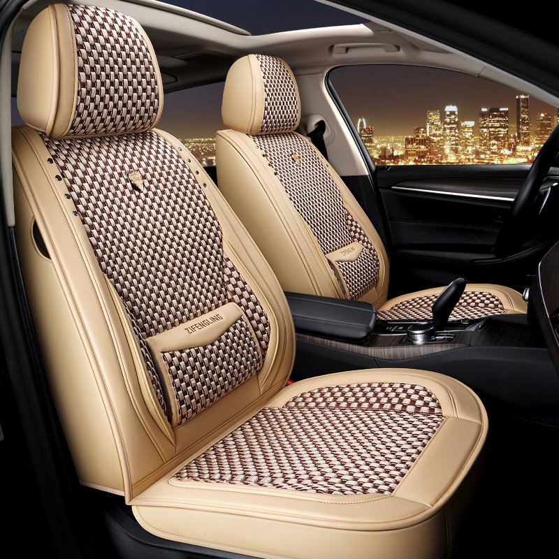 Polka Dots PU Sport Cotton Seat Cover Full Coverage Soft Wear-Resistant Durable Skin-Friendly Man-Made PU Leather And Ice Silk Materia Airbag Compatible 5-Seater Truck Universal Fit Seat Covers