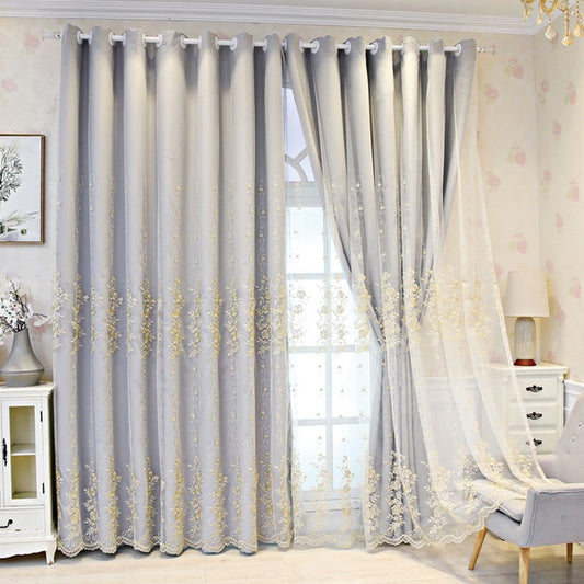 European Floral Rose Embroidery Curtain Sets Sheer and Lining Blackout Curtains Full Shading Double Curtains for Living (84W*84"L)