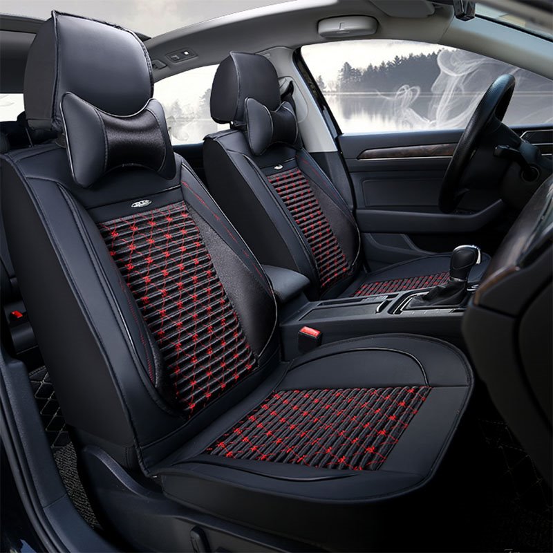 2 Headrests 5 Seats Wear Resistant Leather Skin Friendly Comfort Breathable Fabric Full Coverage Soft Wear-Resistant Durable Airbag Compatible 5-Seater Universal Fit Seat Covers