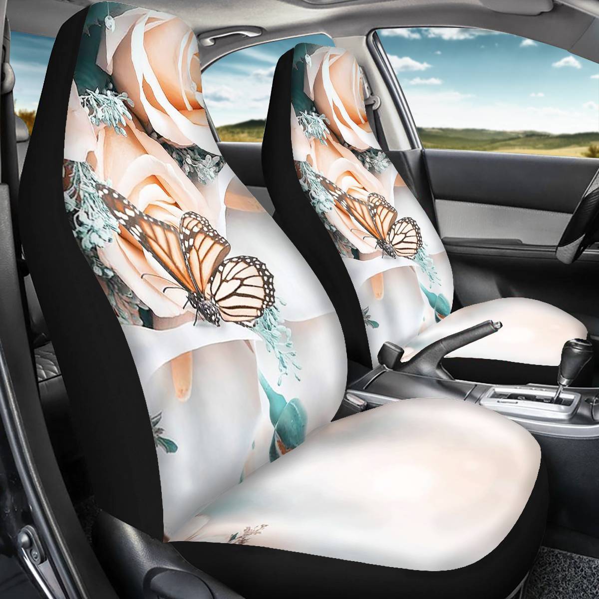 2PCS Front Seat Covers Butterfly Print Pattern Universal Fit Seat Covers Will Stretch to Fit Most Car and SUV Bucket Style Seats