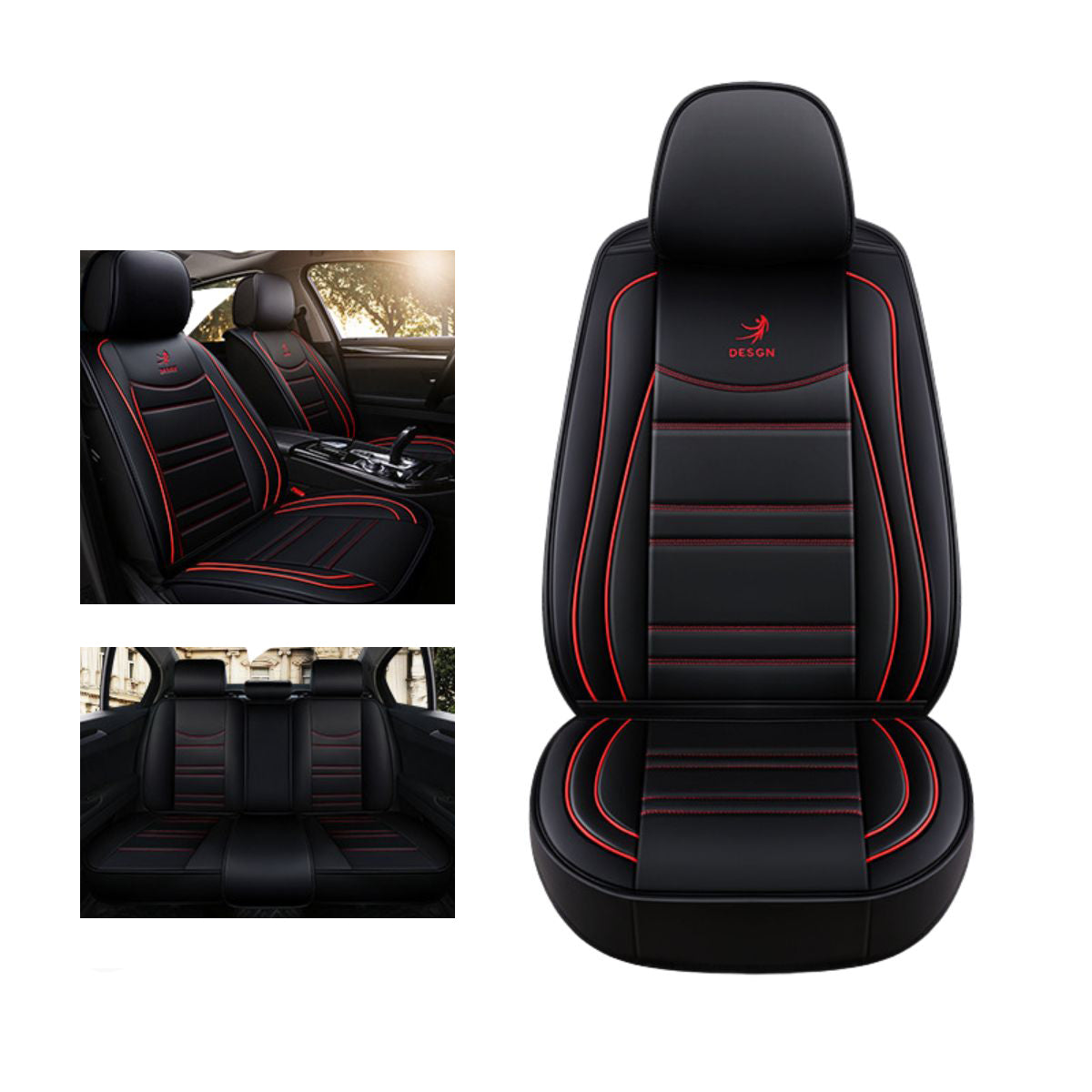Universal Car Seat Covers Full Set for 5 Seat Sedan SUV Faux Leather Striped Block Design Car Cushion Protective Cover