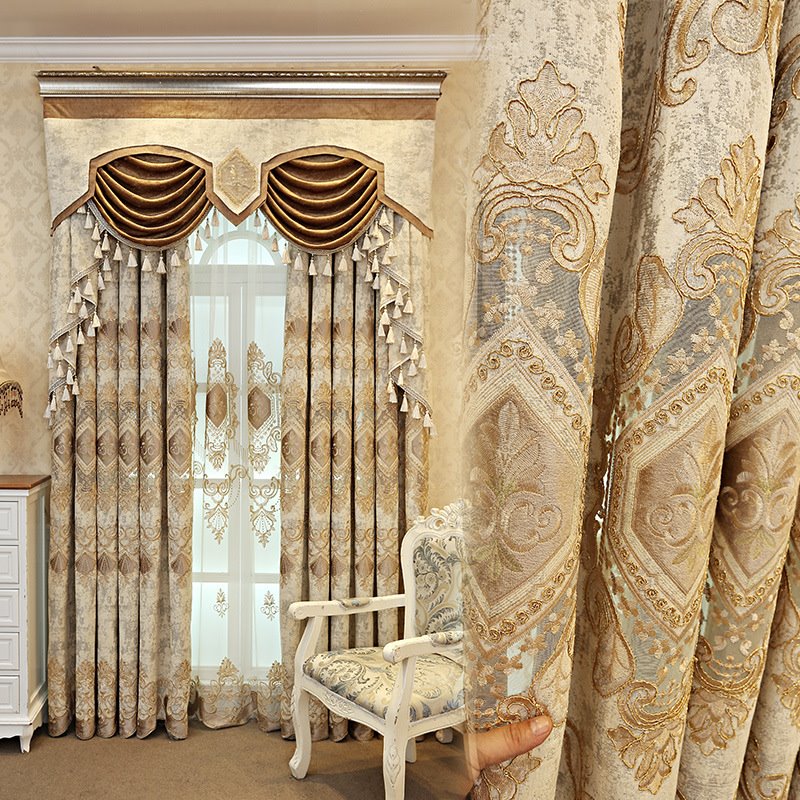 Chenille Elegant Blackout Curtains High Quality Beige European Embroidery Window Curtains for Living Room Bedroom Custom (84W*96"L