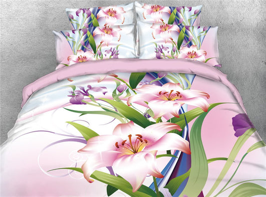 3D Lily 4-Piece Duvet Cover Set Microfiber Bedding Comforter Cover with Zipper Closure and Corner Ties 2 Pillowcases 1 F (3pcs Kin