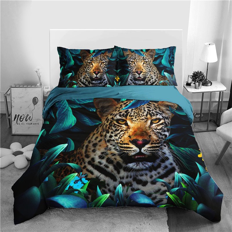 3D Leopard 4-Piece Duvet Cover Set Animal Print Bedding Ultra Soft Comforter Cover with Zipper Closure and Corner Ties 2 (Queen)