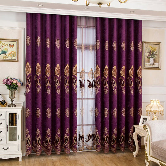 Purple Blackout Curtains Chenille European Vintage Embroidery Shading Grommet Curtains Noble and Elegant for Living Room (84W*84"L