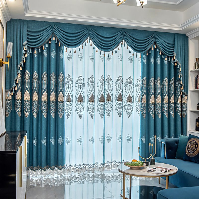 Chenille Blackout Curtains Blue European Luxury Vintage Embroidery Shading Curtains Noble and Elegant for Living Room B (100W*84"L