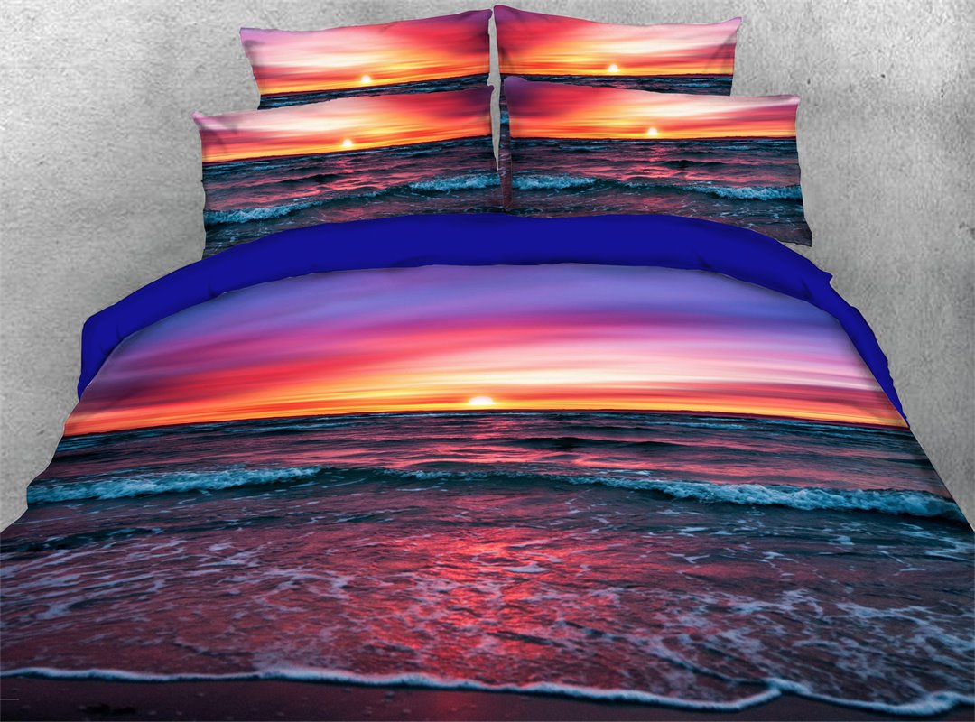 Purple Sunset 4 Piece 3D Sea Scenery Duvet Cover Set Ultra Soft Microfiber Comforter Cover with Zipper Closure and Corne (King)