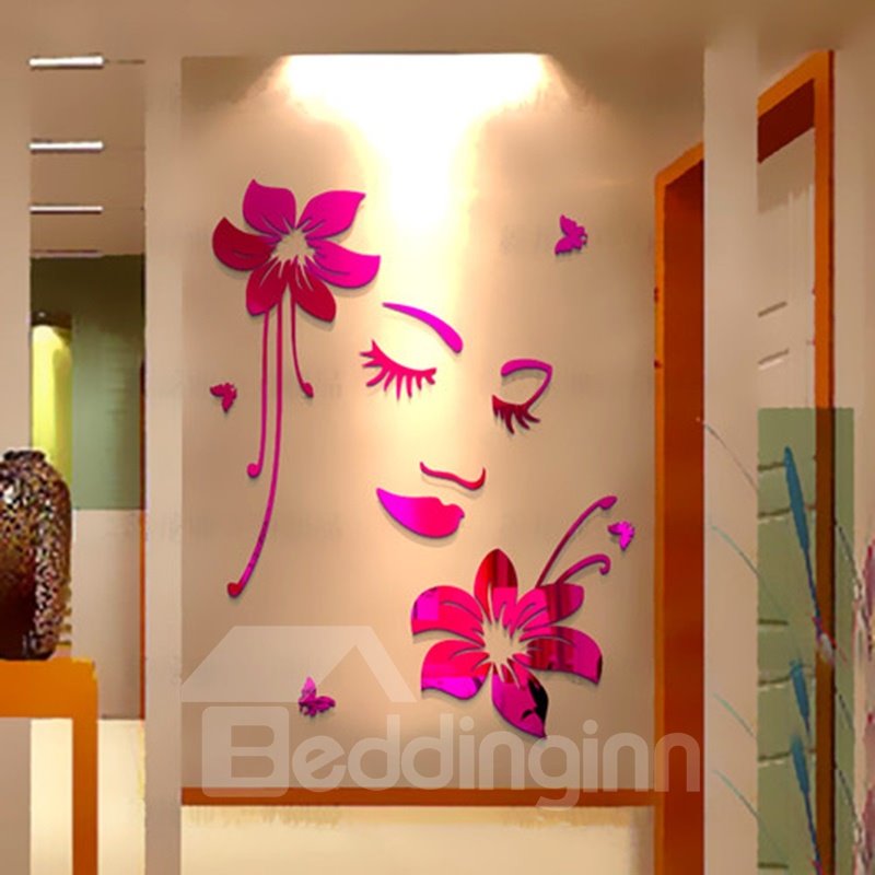 Elegant Beautiful Girl Face and Flower Pattern Home Decorative 3D Wall Stickers