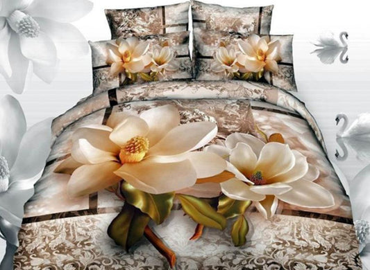 3D Magnolia with Jacobean Printed 4-Piece Bedding Sets/Duvet Covers Microfiber (Twin)