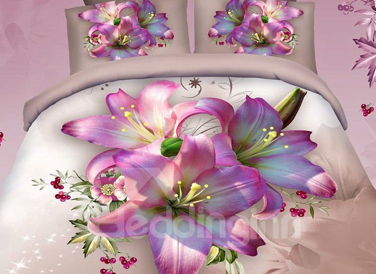 3D Floral Bedding Set 4-Piece Duvet Cover Set Pink Lily Colorfast Wear-resistant Endurable Skin-friendly Ultra-soft Micr (Full)