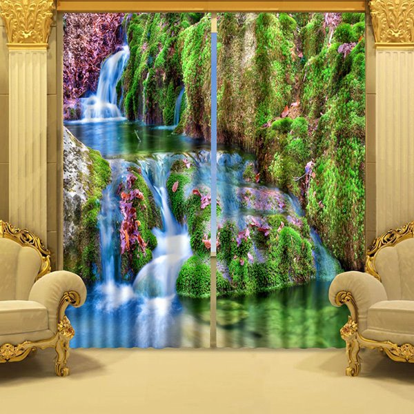 3D Mountain Stream and Trees Printed Wonderful Scenery Custom Curtain for Living Room (104W*84"L)