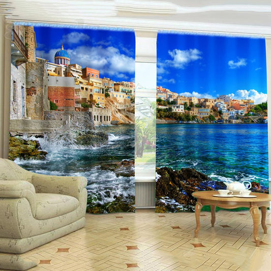 3D-Vorhang mit breiten und romantischen Gebäuden am Meer, bedruckt, dekorativer 3D-Vorhang (104 W x 95 Zoll L)
