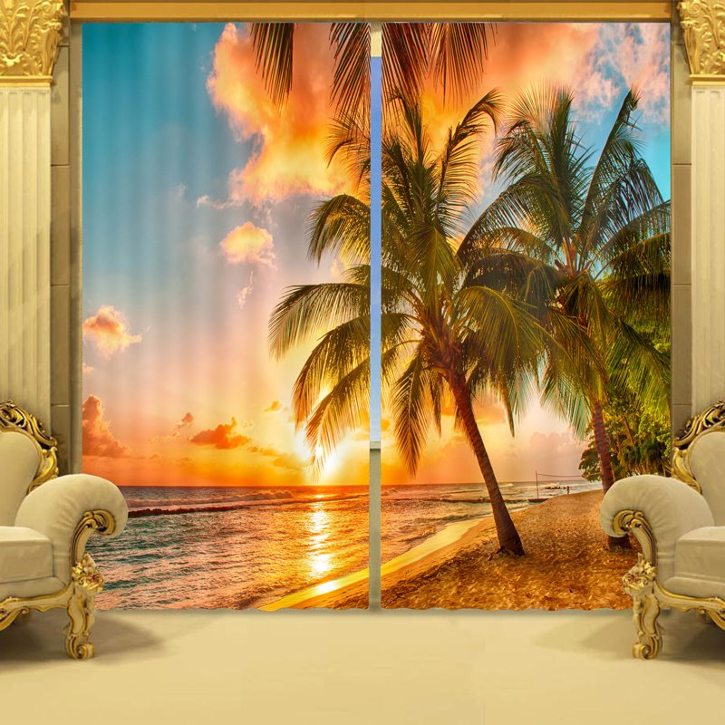 3D Vivid Coconut Trees in Sunset Printed Vibrant Colors Scenery Polyester Custom Curtains (104W*95"L)