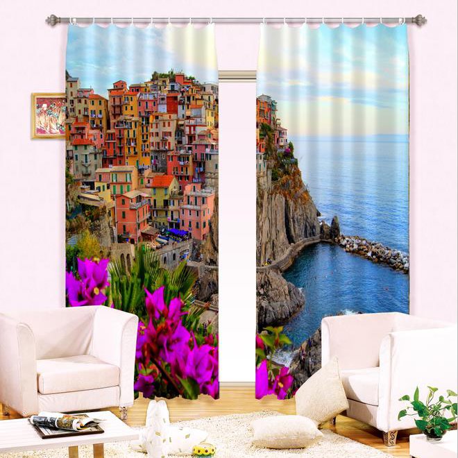 Wonderful Seaside City View Thick Polyester 2 Pieces Energy Saving 3D Curtain (104W*84"L)