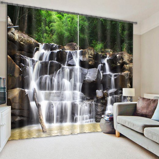 3D Spectacular Waterfall and Green Trees Natural Scenery Printed Decoration Custom Living Room Curtain (80W*84"L)