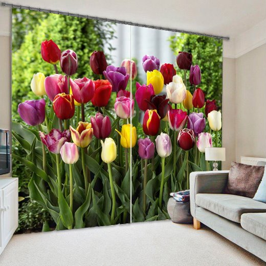 Colorful Tulips Printed Pastoral Style Custom 3D Curtain for Living Room (80W*84"L)