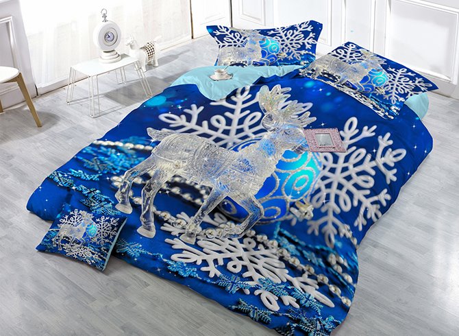 Reindeer Blue Snowflake Wear-resistant Breathable High Quality 60s Cotton 4-Piece 3D Bedding Sets (King)