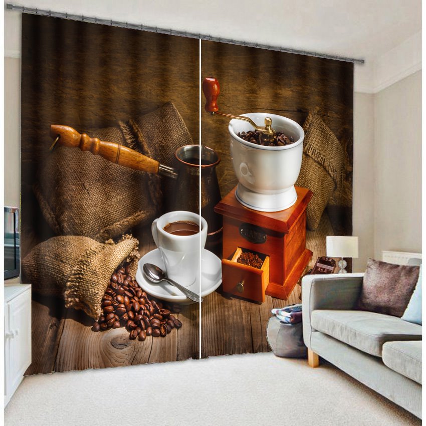 3D-Set mit Kaffeebohnen und Kaffeetassen, bedruckt, moderner Stil, individueller Vorhang (104 W x 95 Zoll L)