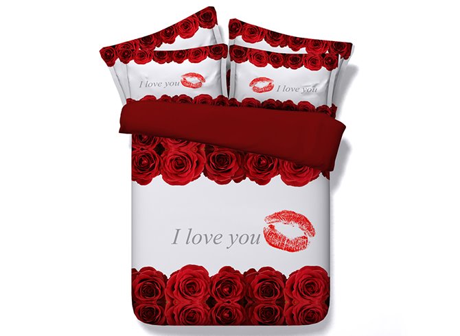Red Roses and Lip Printed Love You Polyester 4-Piece 3D White Bedding Sets/Duvet Covers (Queen)