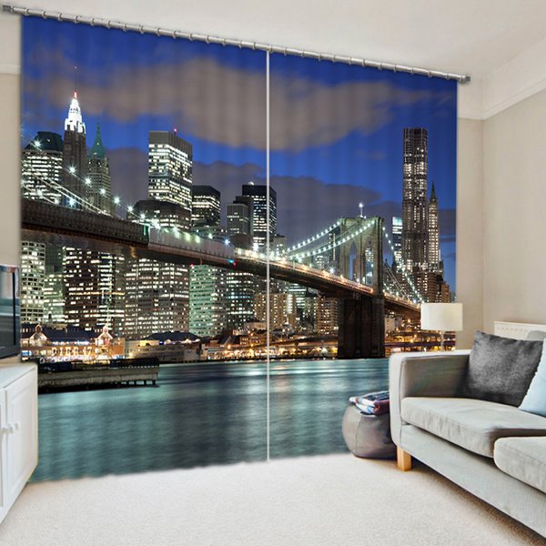 3D New York Bridge Nachtlandschaft, bedruckt, dicker Polyester-Verdunkelungs- und Dekovorhang (104 W x 84 Zoll L)