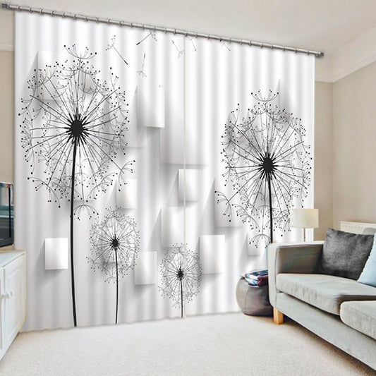 3D Dandelions Printed Pastoral Style Custom White and Black Curtain for Living Room (118W*106"L)