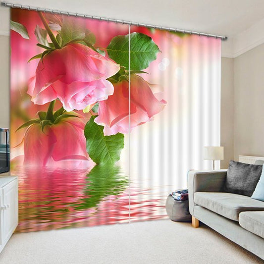 Pink Roses in Bud Print 3D Blackout Curtain (104W*84"L)