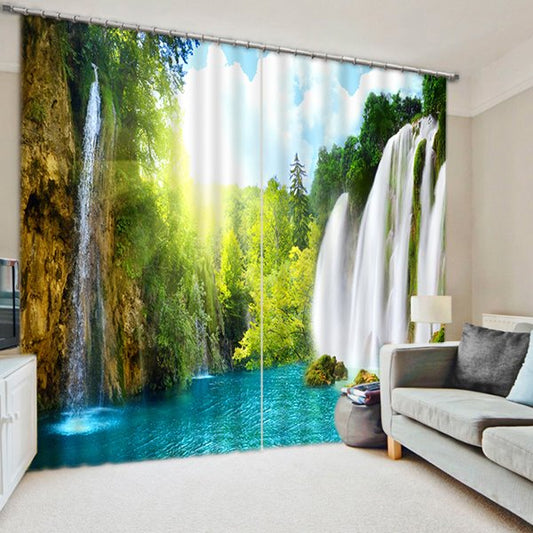 3D Waterfalls and Trees Spectacular Scenery Printed Custom Blackout Living Room Curtain (80W*84"L)