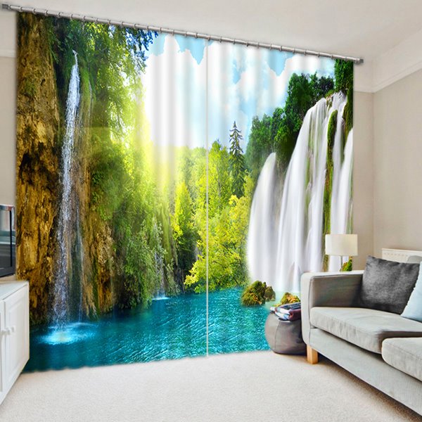 Cortina opaca personalizada con estampado de paisaje espectacular de cascadas y árboles en 3D para sala de estar (80W*84"L)