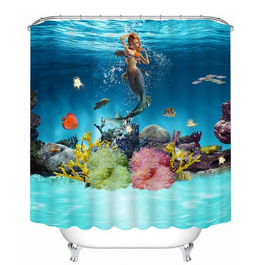 3D Swimming Mermaid and Fishes Printed Bathroom Shower Curtain (200*180cm)