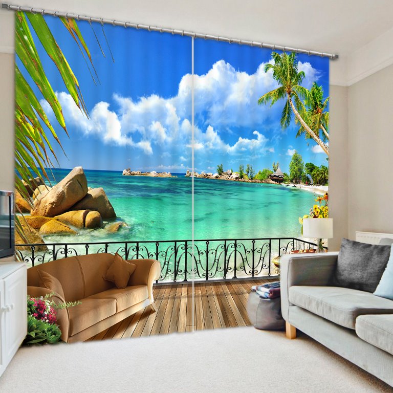 3D Printed Ocean Beach Tropical Palms Holiday Paradise Coast Charm Blackout Decorative Curtains Custom 2 Panels Drapes N (104W*84"