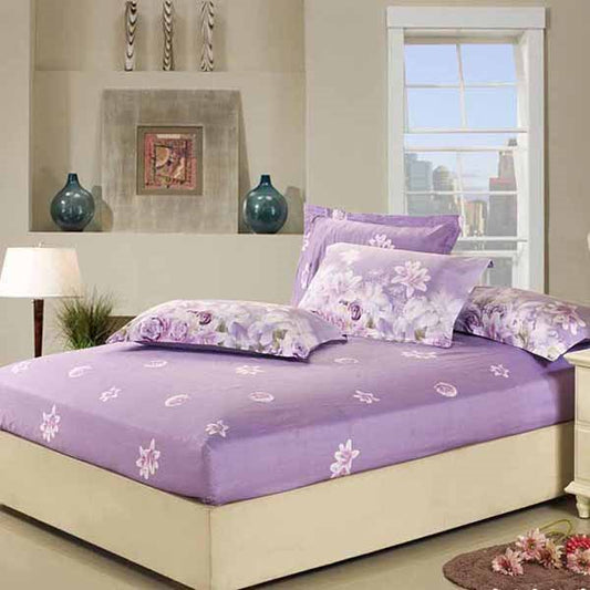 Romantic Rose and Lily Blossom Print Purple Fitted Sheet (Full)