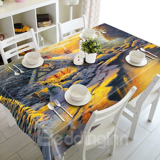 Snow River Scenery and Cabin Pattern 3D Tablecloth (60''W*90''L)