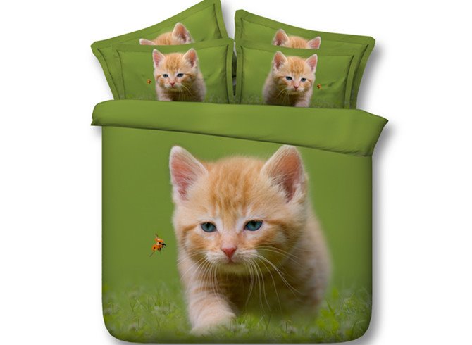 Cat and Ladybird Printed Polyester 4-Piece Green 3D Bedding Sets/Duvet Covers (Twin)