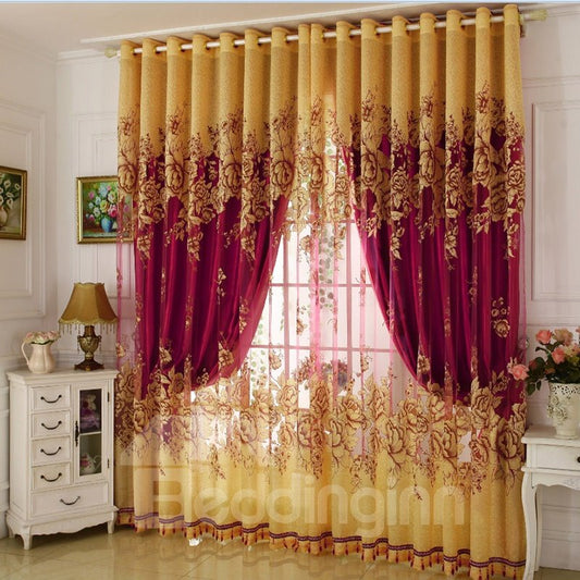 Classical Burgundy Blackout Curtains Gilding Carving Sheer and Solid Lining Living Room Bedroom Curtain Sets No Pilling (84W*84"L)